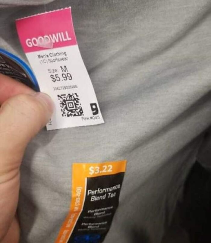 Thrift store clothing tags showing conflicting prices, highlighting ridiculous finds at thrift stores.