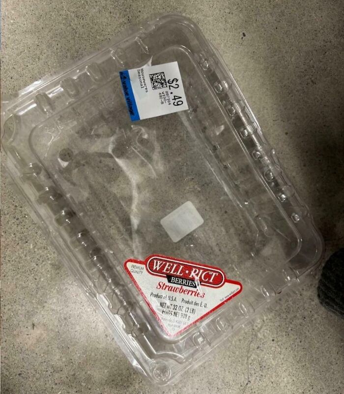 Empty plastic berry container labeled as strawberries with a thrift store price tag of 2.49 on a concrete floor.
