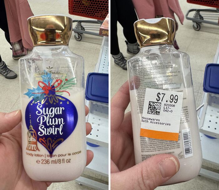 Thrift store find of a discounted Sugar Plum Swirl body lotion with price tag and close-up details.