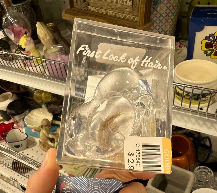 Ridiculous thrift store find of a "First Lock of Hair" display case with hair inside and a price tag of $2.99.
