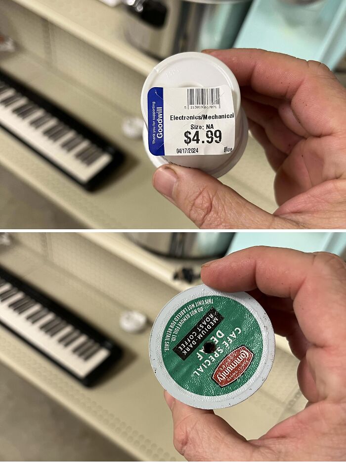 Hand holding a thrift store item priced $4.99, clearly showing a coffee pod with a hole punched in its center.