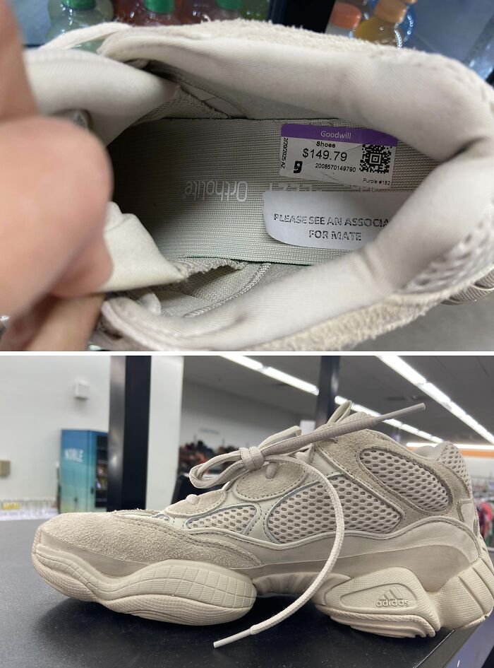 Beige Adidas sneakers with a $149.79 price tag found at a thrift store, showcasing ridiculous thrift store finds.