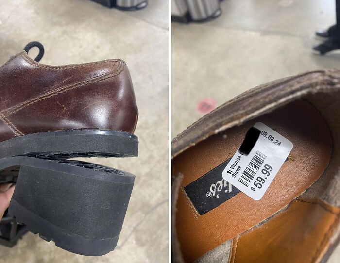 Chunky heel shoe with a thrift store price tag of $59.99, showcasing a ridiculous thrift store find shared by people.