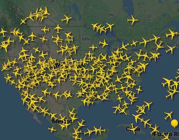 Live air traffic map showing numerous planes flying over the United States, illustrating overcoming fear of flying.