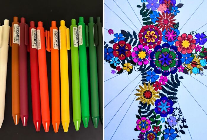 Colorful pens arranged in a row next to a vibrant floral cross coloring, showcasing early Prime Day deals on art supplies.