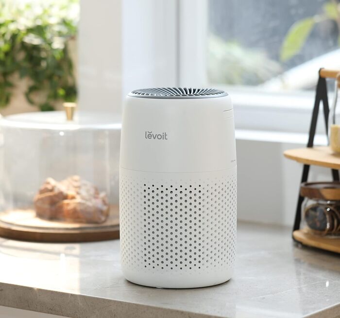 Levoit air purifier on a kitchen counter, featured in early Prime Day deals for home and lifestyle products.