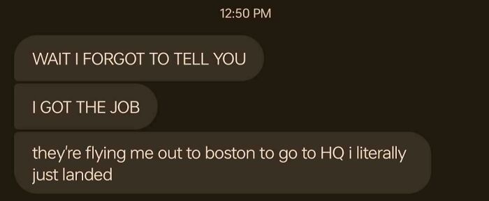 Text message conversation showing excitement about flying to Boston despite fear of flying, inspiring courage to board a plane.