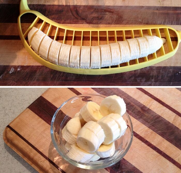 Yellow banana slicer cutting a banana into even pieces with sliced banana in a glass bowl, quirky gems kitchen tool.
