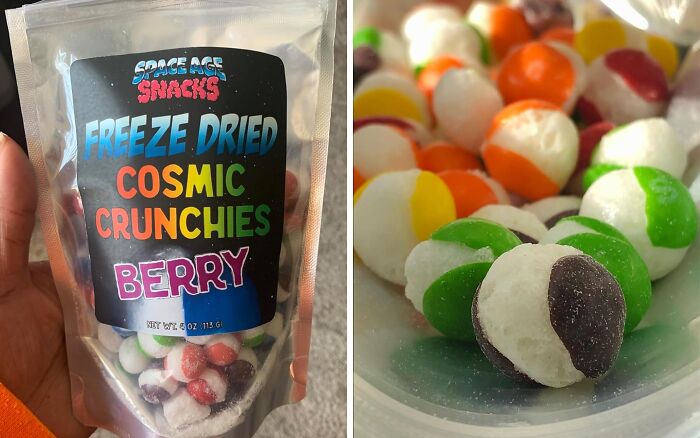 Freeze dried cosmic crunchies berry snack pack held in hand and close-up of colorful quirky gems candy pieces.