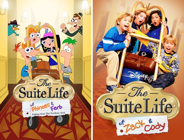 Split image showing animated and live-action characters from The Suite Life series with luggage carts in hotel hallways, nostalgic for 90s and 2000s kids.