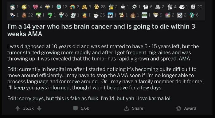 Screenshot of a social media post showing an absurd internet lie about cancer for comedic effect.