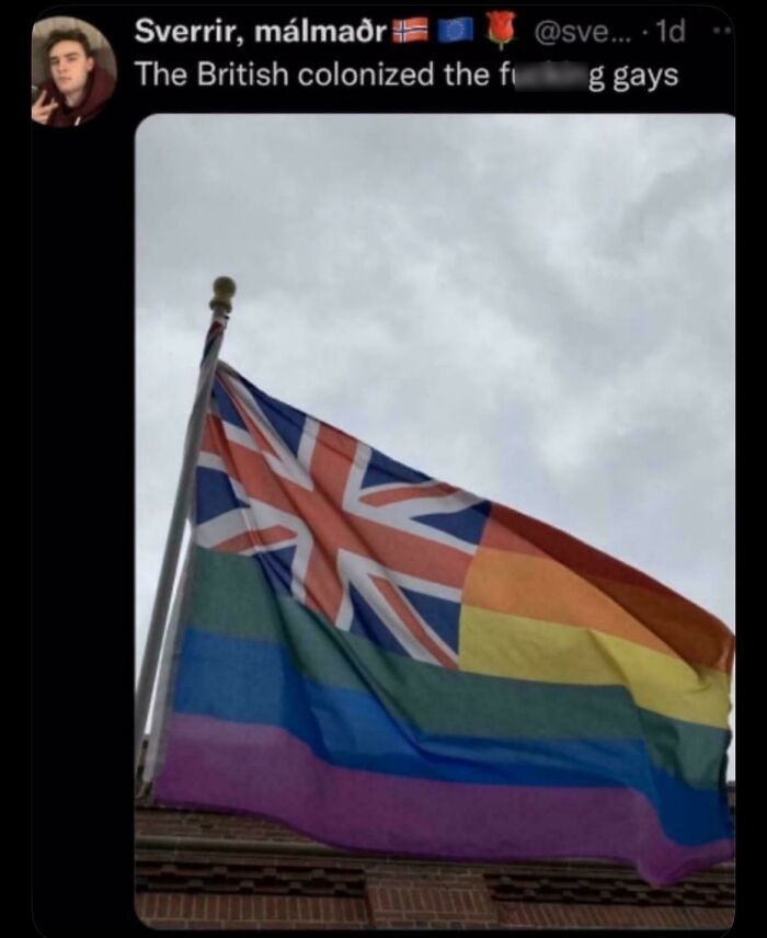 Tweet showing a humorous internet lie with a combined British and rainbow pride flag waving against a cloudy sky.