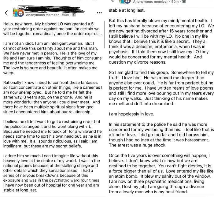 Screenshot of anonymous member sharing a story about love, restraining orders, and the emotional challenges in exhausting relationships.