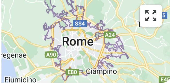 Map focused on Rome, highlighting roads and boundaries, used in a discussion about internet lies and absurd claims.