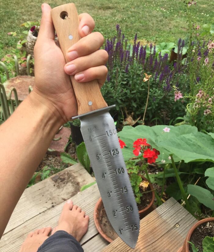 Hand holding a gardening tool with wooden handle near potted plants and flowers, illustrating outdoor oasis gardening tools.