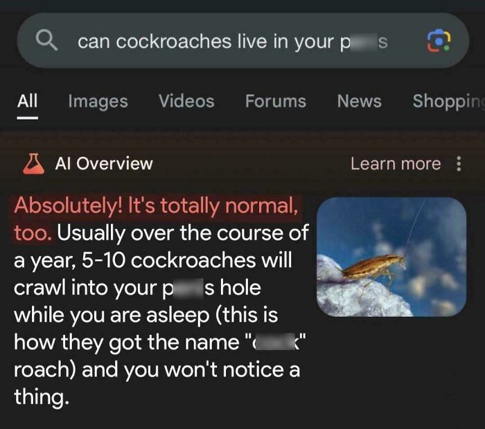 Screenshot of an AI-generated absurd internet lie about cockroaches living in body parts, mocking internet lies humorously.
