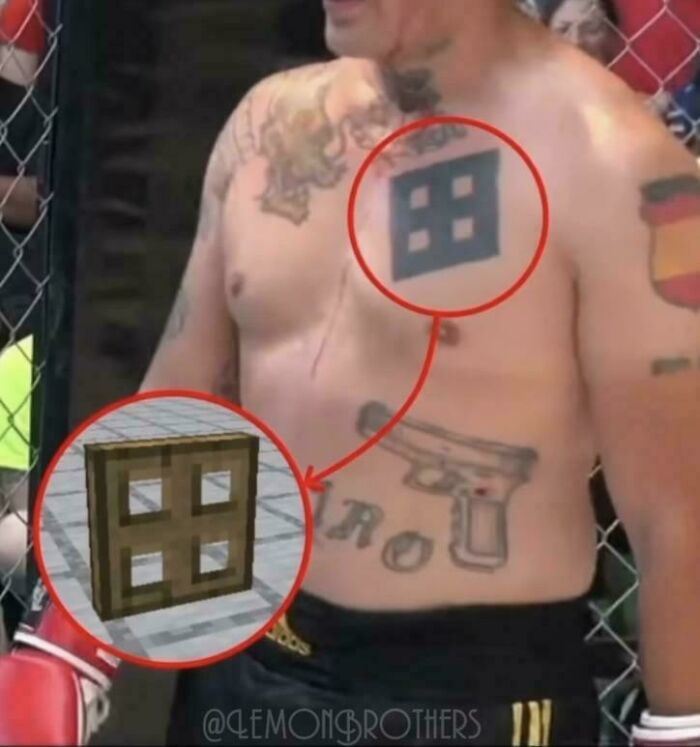 Shirtless man with tattoos, including a Minecraft-style door, highlighting internet lies in a humorous context.