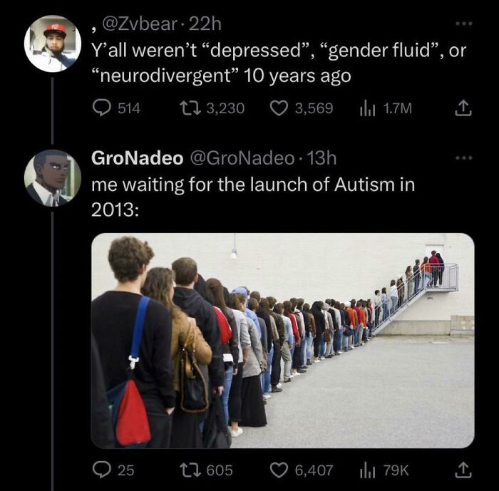 Social media posts humorously mocking internet lies with a long line of people symbolizing absurd waits.