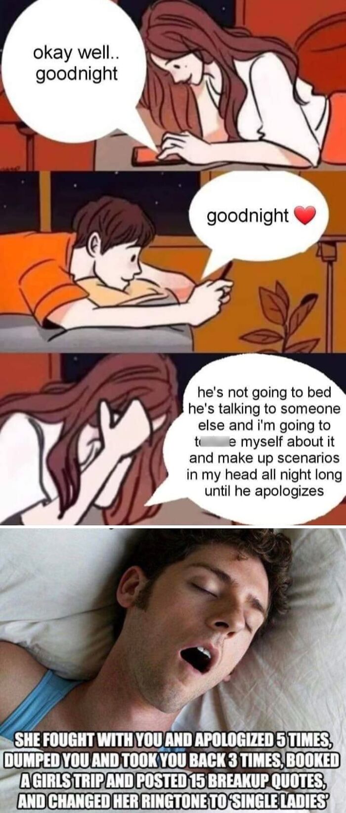 Comic depicts an exhausting relationship with misunderstandings, apologies, breakups, and emotional struggles in a couple.