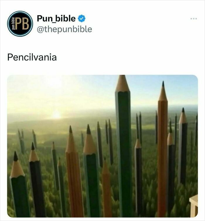 Social media pun meme showing giant pencils like skyscrapers over a forest, illustrating hilarious pun memes and wordplay comedy.