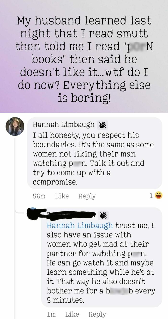 Text conversation showing a humorous and exhausting relationship discussion about reading smut and respecting boundaries.