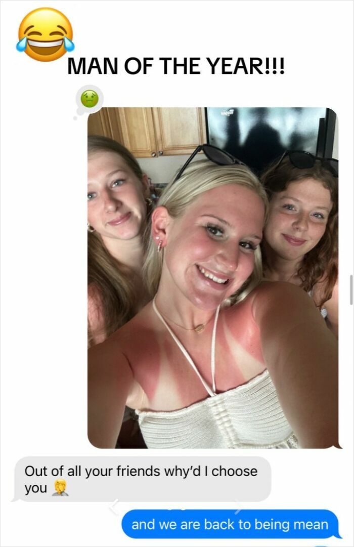 Three young women taking a selfie with sunburns, featured in screenshots nominating men of the year.