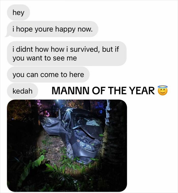 Text message screenshot showing a crashed car with a caption highlighting men of the year in an unhinged context.