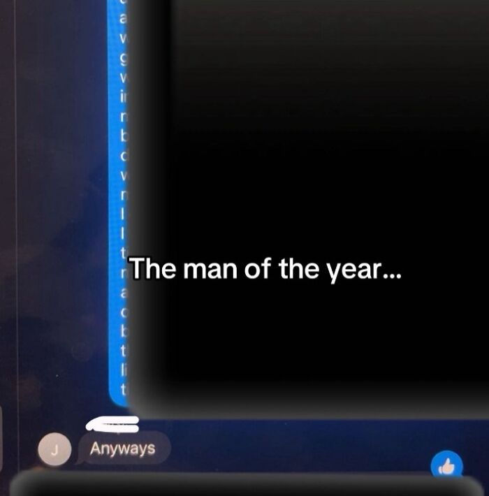 Screenshot of an unhinged message with text nominating a man of the year in a digital chat conversation.