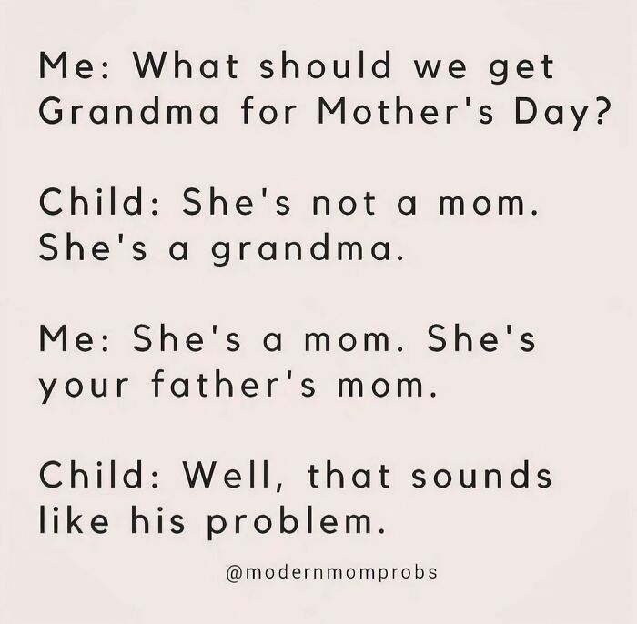 Funny mom post featuring a humorous conversation about Mother's Day gifts highlighting mom and grandma roles.