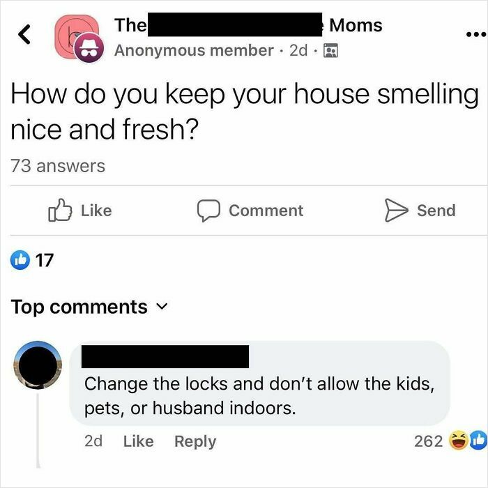 Funny mom post about keeping a house smelling fresh by humorously excluding kids, pets, or husband indoors.
