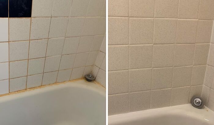 Before and after cleaning bathroom tiles and bathtub, showcasing trending products that flew off virtual shelves in the Pandaverse.