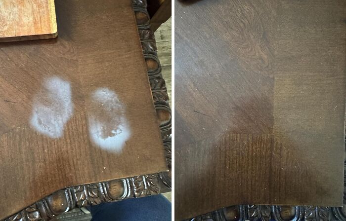 Side-by-side comparison of a wooden surface before and after cleaning, highlighting trending virtual products in the Pandaverse.