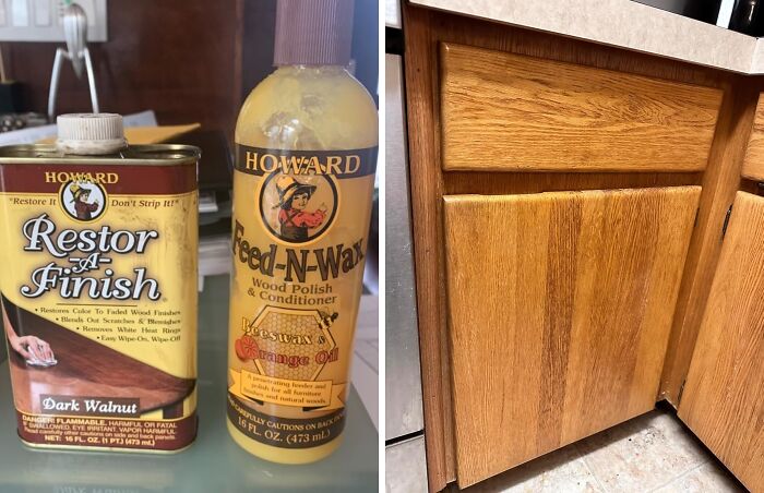 Wood polish and conditioner products beside a polished wooden cabinet door, trending in the Pandaverse virtual market.