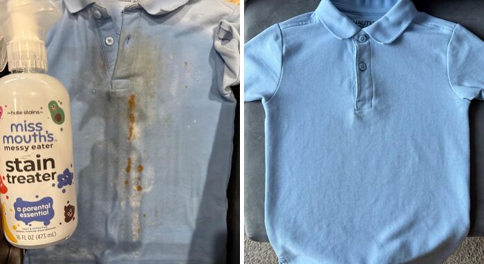Bottle of Miss Mouths Messy Eater stain treater next to a blue polo shirt before and after stain removal product use.