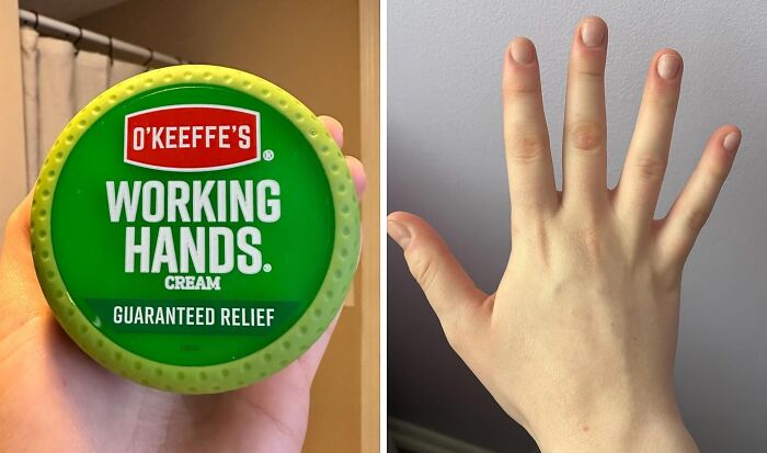 O'Keeffe's working hands cream container held by a hand next to a clean, moisturized hand showing product effectiveness trending in Pandaverse.