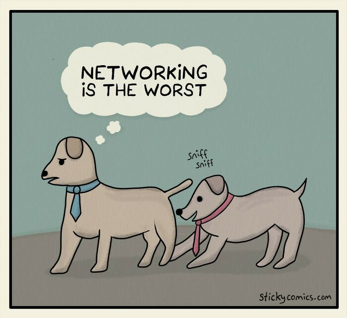 Cartoon dogs in ties, one sniffing the other, illustrating anxiety and social awkwardness in a comic style.