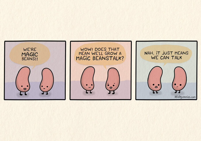 Two illustrated beans humorously discuss magic beans and talking in a comic strip about the human condition.