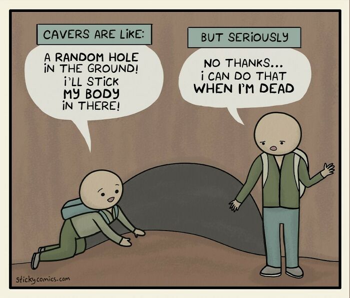 Comic panel showing two characters discussing cavers, illustrating human condition with humor and simple artwork.