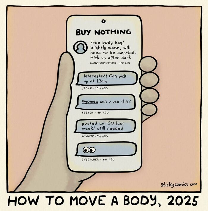 Hand holding a phone showing a dark humor comic about moving a body, illustrating anxiety and human condition comics.