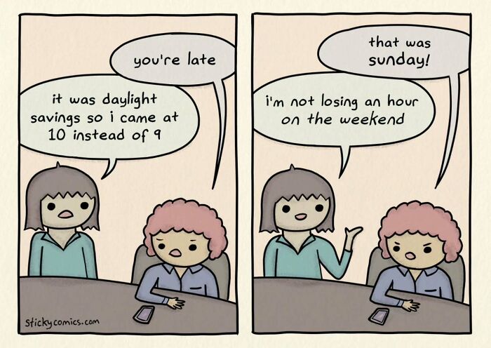 Two characters in a comic discussing daylight savings time, illustrating relatable humor about human anxiety and everyday life.