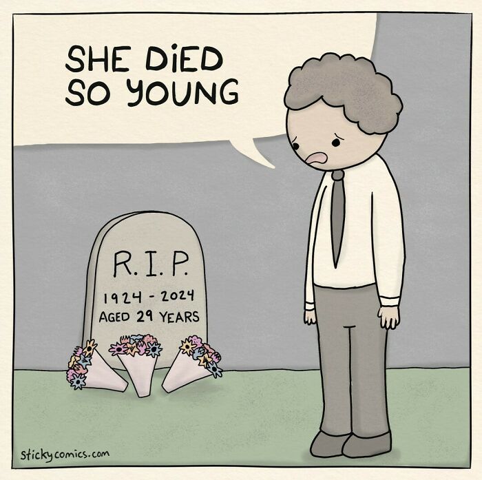 Man in tie looking sadly at a gravestone in a comic reflecting the human condition and anxiety themes by this artist.