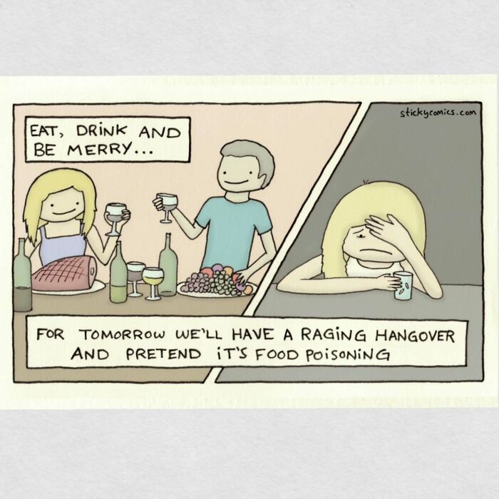 Comic depicting human condition with humor about hangovers and anxiety, part of 50 comics by this artist.