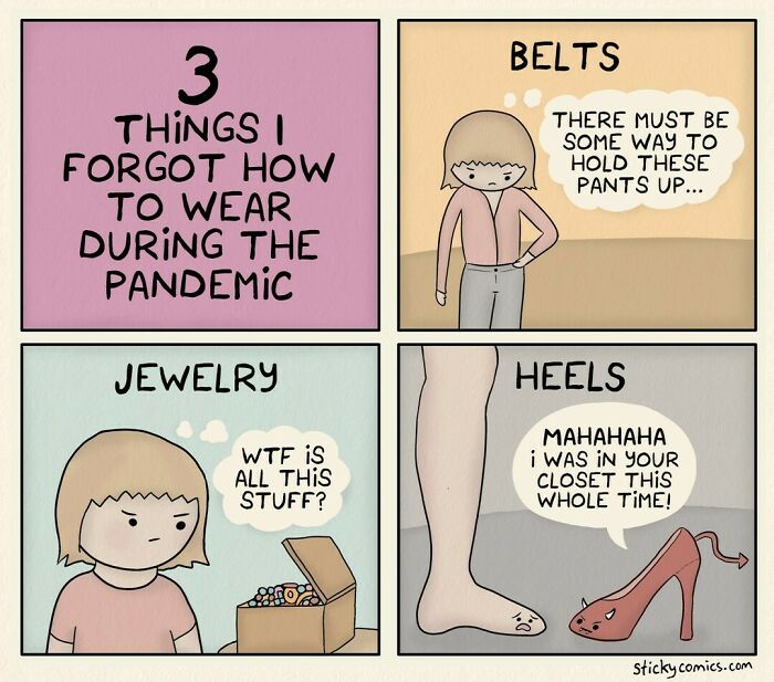 Comic illustrating pandemic struggles with belts, jewelry, and heels, capturing the human condition through relatable humor.