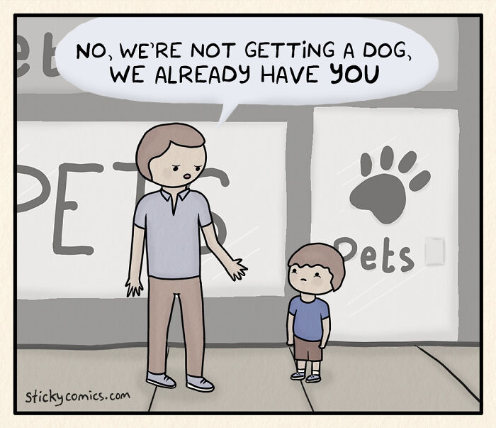 Comic panel showing a parent telling a child no dog needed, illustrating anxiety and human condition themes in comics.