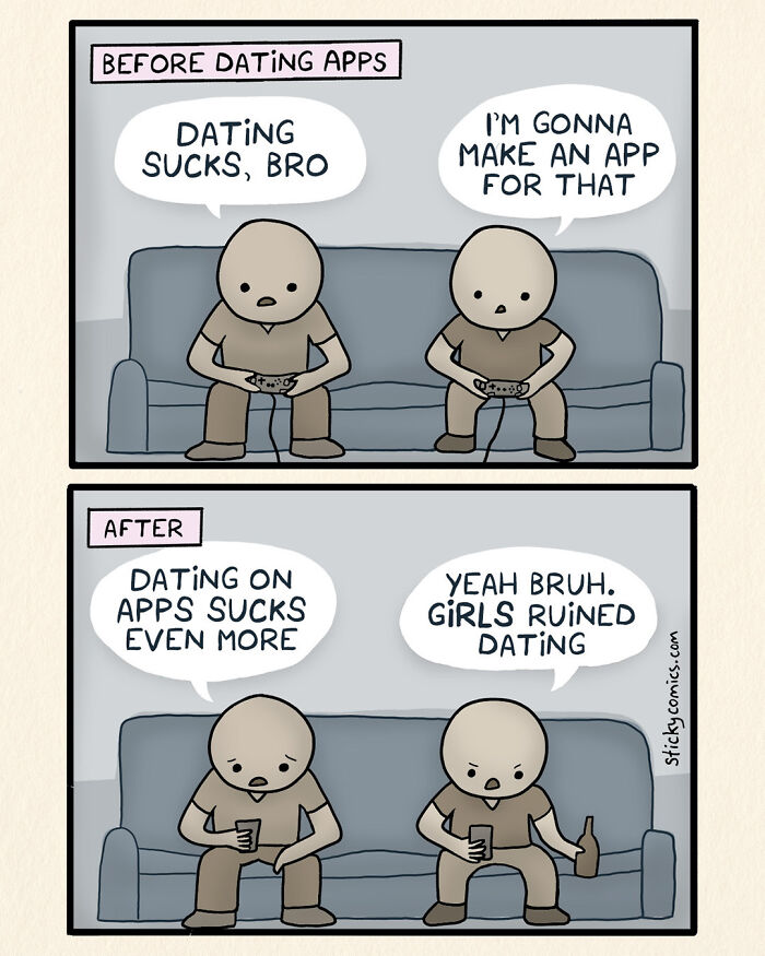 Two-panel comic showing characters discussing how dating apps ruined dating, reflecting human condition in anxiety and frustration.