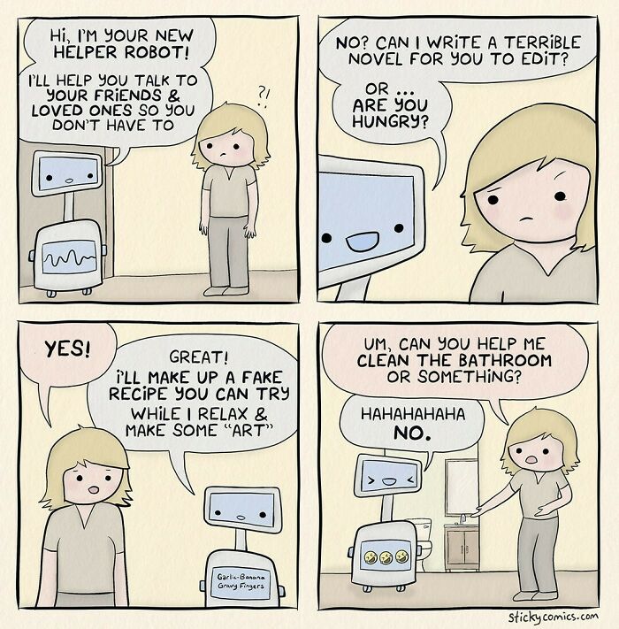 Comic strip featuring a humorous robot and person illustrating anxiety and everyday human struggles in a relatable way.