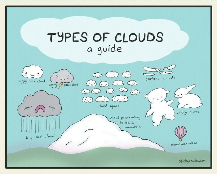 Whimsical comic illustration showing different types of clouds with playful characters, capturing the human condition in art style.