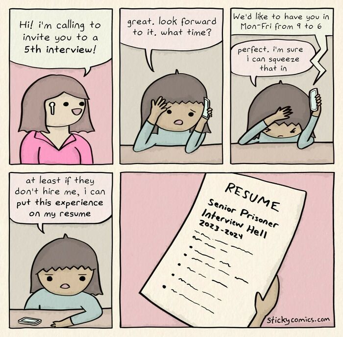 Comic strip showing anxiety and job interview struggles, capturing the human condition with relatable, crispy humor by this artist.