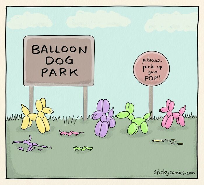 Colorful balloon dog comics in a park illustrating human condition humor and creativity by this artist.
