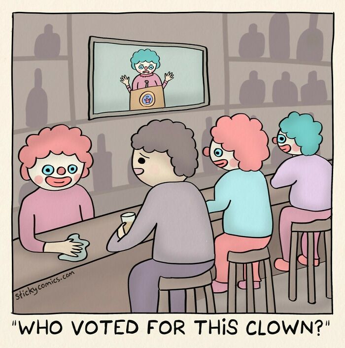 Cartoon showing people at a bar watching TV with a clown on screen, capturing comics about the human condition.